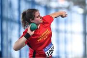 2 April 2022; Kotryna Pacerinskaite of Fanahan Mc Sweeney AC, Cork, competing in the girls U18 shot put during day three of the Irish Life Health National Juvenile Indoor Championships at TUS International Arena in Athlone, Westmeath. Photo by Sam Barnes/Sportsfile