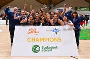 2 April 2022; The Ulster University team celebrate with the cup after the MissQuote.ie Division 1 League Cup Final match between NUIG Mystics, Galway and Ulster University, Antrim, at the National Basketball Arena in Dublin. Photo by Brendan Moran/Sportsfile
