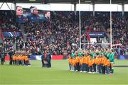 2 April 2022; Players from both sides during the National Anthems before the TikTok Women's Six Nations Rugby Championship match between France and Ireland at Stade Ernest Wallon in Toulouse, France. Photo by Manuel Blondeau/Sportsfile