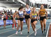 2 April 2022; Lucy-May Sleeman of Leevale AC, Cork, second from right, takes the baton on her way to winning the girls U19 4x200m relay during day three of the Irish Life Health National Juvenile Indoor Championships at TUS International Arena in Athlone, Westmeath. Photo by Sam Barnes/Sportsfile