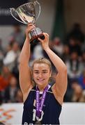 2 April 2022; Ulster University captain Aoife Callaghan lifts the cup after  the MissQuote.ie Division 1 League Cup Final match between NUIG Mystics, Galway and Ulster University, Antrim, at the National Basketball Arena in Dublin. Photo by Brendan Moran/Sportsfile