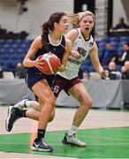 2 April 2022; Ciara White of Ulster University in action against Alison Blaney of NUIG Mystics during the MissQuote.ie Division 1 League Cup Final match between NUIG Mystics, Galway and Ulster University, Antrim, at the National Basketball Arena in Dublin. Photo by Brendan Moran/Sportsfile