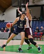 2 April 2022; Lucia Saez of Ulster University in action against Sara Messler of NUIG Mystics during the MissQuote.ie Division 1 League Cup Final match between NUIG Mystics, Galway and Ulster University, Antrim, at the National Basketball Arena in Dublin. Photo by Brendan Moran/Sportsfile