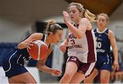 2 April 2022; Lexi Posset of Ulster University in action against Kara McCleane of NUIG Mystics during the MissQuote.ie Division 1 League Cup Final match between NUIG Mystics, Galway and Ulster University, Antrim, at the National Basketball Arena in Dublin. Photo by Brendan Moran/Sportsfile