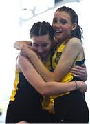 2 April 2022; Molly Daly, right, and Ruth Crowley of Kilkenny City Harriers, celebrate after finishing second in the girls U15 4x200m relay the during day three of the Irish Life Health National Juvenile Indoor Championships at TUS International Arena in Athlone, Westmeath. Photo by Sam Barnes/Sportsfile