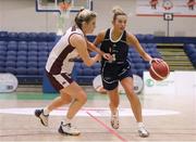 2 April 2022; Lexi Posset of Ulster University in action against Alison Blaney of NUIG Mystics during the MissQuote.ie Division 1 League Cup Final match between NUIG Mystics, Galway and Ulster University, Antrim, at the National Basketball Arena in Dublin. Photo by Daniel Tutty/Sportsfile