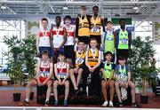 2 April 2022; Boys U15 4x200m relay medallists, Leevale AC, Cork, gold, Galway City Harriers, silver, and Metro St Brigid's, Dublin, bronze, during day three of the Irish Life Health National Juvenile Indoor Championships at TUS International Arena in Athlone, Westmeath. Photo by Sam Barnes/Sportsfile
