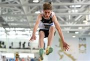 2 April 2022; Alex Heeney of Clane AC competing in the boys U16 long jump during day three of the Irish Life Health National Juvenile Indoor Championships at TUS International Arena in Athlone, Westmeath. Photo by Sam Barnes/Sportsfile