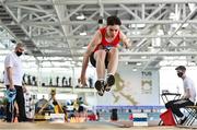 2 April 2022; Mark Wallace of St Colemans South Mayo AC, competing in the boys U16 long jump during day three of the Irish Life Health National Juvenile Indoor Championships at TUS International Arena in Athlone, Westmeath. Photo by Sam Barnes/Sportsfile