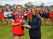 2 April 2022; Aoife Healy of St Mary's Midleton is presented with the Player of the Match award by Susan Roche, HR manager, Lidl Munster, after the Lidl All-Ireland PPS Senior A Final match between Moate Community School and St. Marys High School Midleton at Bruff GAA in Limerick. Photo by Diarmuid Greene/Sportsfile