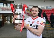 2 April 2022; Tyrone captain Conor Grogan with the cup after the Allianz Hurling League Division 3A Final match between Tyrone and Armagh at Derry GAA Centre of Excellence in Owenbeg, Derry. Photo by Oliver McVeigh/Sportsfile