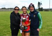 2 April 2022; Sally McAllister of St Mary's Midleton celebrates with her parents Anne Marie and Cathal McAllister after the Lidl All-Ireland PPS Senior A Final match between Moate Community School and St. Marys High School Midleton at Bruff GAA in Limerick. Photo by Diarmuid Greene/Sportsfile