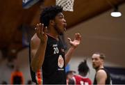 2 April 2022; Keith Jordan Jr of EJ Sligo All-Stars reacts to a refereeing call during the InsureMyVan.ie Division 1 Final match between EJ Sligo All-Stars and UCC Demons, Cork at the National Basketball Arena in Dublin. Photo by Brendan Moran/Sportsfile