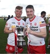 2 April 2022; Tiarnan Murphy, left, and CJ McGourty of Tyrone celebrate after the Allianz Hurling League Division 3A Final match between Tyrone and Armagh at Derry GAA Centre of Excellence in Owenbeg, Derry. Photo by Oliver McVeigh/Sportsfile