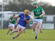 2 April 2022; Johnny Casey of Longford in action against Ronan McGurn of Fermanagh during the Allianz Hurling League Division 3B Final match between Fermanagh and Longford at Avant Money Páirc Seán Mac Diarmada in Carrick-on-Shannon, Leitrim. Photo by Michael P Ryan/Sportsfile