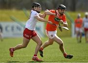 2 April 2022; Paudie Lappin of Armagh in action against Ruairi Slane of Tyrone during the Allianz Hurling League Division 3A Final match between Tyrone and Armagh at Derry GAA Centre of Excellence in Owenbeg, Derry. Photo by Oliver McVeigh/Sportsfile