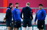 2 April 2022; Leinster players, from left, Max Deegan, Caelan Doris, Jamie Osborne and Thomas Clarkson of Leinster before the United Rugby Championship match between Munster and Leinster at Thomond Park in Limerick. Photo by Harry Murphy/Sportsfile