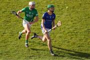 2 April 2022; Adam Quinn of Longford in action against Luca McCusker of Fermanagh during the Allianz Hurling League Division 3B Final match between Fermanagh and Longford at Avant Money Páirc Seán Mac Diarmada in Carrick-on-Shannon, Leitrim. Photo by Michael P Ryan/Sportsfile