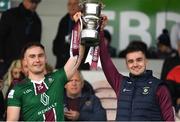 2 April 2022; Killian Doyle, left, of Westmeath with the joint captain Aongus Clarke and the after the Allianz Hurling League Division 2A Final match between Down and Westmeath at FBD Semple Stadium in Thurles, Tipperary. Photo by Ray McManus/Sportsfile