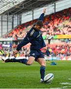 2 April 2022; Ross Byrne of Leinster warms up before the United Rugby Championship match between Munster and Leinster at Thomond Park in Limerick. Photo by Diarmuid Greene/Sportsfile