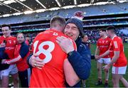 2 April 2022; Louth manager Mickey Harte celebrates with Ciarán Byrne after their side's victory in the Allianz Football League Division 3 Final match between Louth and Limerick at Croke Park in Dublin. Photo by Piaras Ó Mídheach/Sportsfile