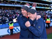 2 April 2022; Louth manager Mickey Harte, right, celebrates with his selector Gavin Devlin after their side's victory in the Allianz Football League Division 3 Final match between Louth and Limerick at Croke Park in Dublin. Photo by Piaras Ó Mídheach/Sportsfile