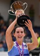 2 April 2022; Address UCC Glanmire team Áine McKenna lifts the cup after the MissQuote.ie Champions Trophy Final match between The Address UCC Glanmire, Cork and Singleton SuperValu Brunell, Cork, at the National Basketball Arena in Dublin. Photo by Brendan Moran/Sportsfile