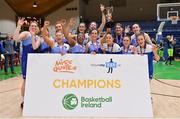 2 April 2022; The Address UCC Glanmire team celebrate with the cup after the MissQuote.ie Champions Trophy Final match between The Address UCC Glanmire, Cork and Singleton SuperValu Brunell, Cork, at the National Basketball Arena in Dublin. Photo by Brendan Moran/Sportsfile