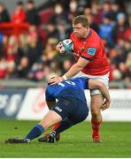 2 April 2022; Stephen Archer of Munster in action against Ross Byrne of Leinster during the United Rugby Championship match between Munster and Leinster at Thomond Park in Limerick. Photo by Diarmuid Greene/Sportsfile