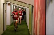 2 April 2022; Cork captain Mark Coleman leads his side out to the pitch before the Allianz Hurling League Division 1 Final match between Cork and Waterford at FBD Semple Stadium in Thurles, Tipperary. Photo by Eóin Noonan/Sportsfile