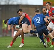 2 April 2022; Hugo Keenan of Leinster is tackled by Damian De Allende of Munster during the United Rugby Championship match between Munster and Leinster at Thomond Park in Limerick. Photo by Harry Murphy/Sportsfile