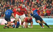 2 April 2022; Fineen Wycherley of Munster is tackled by Garry Ringrose of Leinster during the United Rugby Championship match between Munster and Leinster at Thomond Park in Limerick. Photo by Diarmuid Greene/Sportsfile