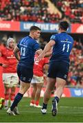 2 April 2022; Garry Ringrose of Leinster celebrates after scoring his side's first try with teammate James Lowe during the United Rugby Championship match between Munster and Leinster at Thomond Park in Limerick. Photo by Harry Murphy/Sportsfile