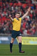 2 April 2022; Referee Christophe Ridley during the United Rugby Championship match between Munster and Leinster at Thomond Park in Limerick. Photo by Harry Murphy/Sportsfile
