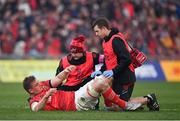 2 April 2022; Gavin Coombes of Munster receives treatment during the United Rugby Championship match between Munster and Leinster at Thomond Park in Limerick. Photo by Harry Murphy/Sportsfile