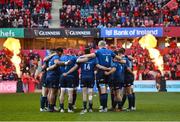 2 April 2022; The Leinster team huddle together before the United Rugby Championship match between Munster and Leinster at Thomond Park in Limerick. Photo by Diarmuid Greene/Sportsfile