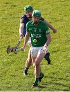 2 April 2022; Conor McShea of Fermanagh iin action against Adam Quinn of Longford during the Allianz Hurling League Division 3B Final match between Fermanagh and Longford at Avant Money Páirc Seán Mac Diarmada in Carrick-on-Shannon, Leitrim. Photo by Michael P Ryan/Sportsfile