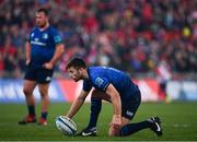 2 April 2022; Ross Byrne of Leinster lines up a kick at goal during the United Rugby Championship match between Munster and Leinster at Thomond Park in Limerick. Photo by Harry Murphy/Sportsfile