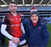 2 April 2022; Louth manager Mickey Harte celebrates with his goalkeeper James Califf after their side's victory in the Allianz Football League Division 3 Final match between Louth and Limerick at Croke Park in Dublin. Photo by Piaras Ó Mídheach/Sportsfile