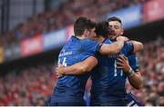 2 April 2022; James Lowe of Leinster celebrates after scoring his side's second try with teammates Jimmy O'Brien and Robbie Henshaw during the United Rugby Championship match between Munster and Leinster at Thomond Park in Limerick. Photo by Harry Murphy/Sportsfile