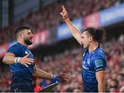 2 April 2022; James Lowe of Leinster celebrates after scoring his side's second try with teammate Robbie Henshaw during the United Rugby Championship match between Munster and Leinster at Thomond Park in Limerick. Photo by Harry Murphy/Sportsfile