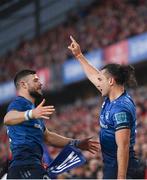 2 April 2022; James Lowe of Leinster celebrates after scoring his side's second try with teammate Robbie Henshaw during the United Rugby Championship match between Munster and Leinster at Thomond Park in Limerick. Photo by Harry Murphy/Sportsfile