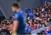 2 April 2022; A Leinster flag flies as Ross Byrne of Leinster prepares to kick a conversion during the United Rugby Championship match between Munster and Leinster at Thomond Park in Limerick. Photo by Harry Murphy/Sportsfile