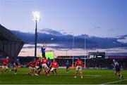 2 April 2022; Caelan Doris of Leinster takes possession in a lineout during the United Rugby Championship match between Munster and Leinster at Thomond Park in Limerick. Photo by Harry Murphy/Sportsfile