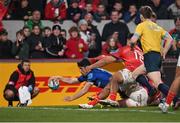 2 April 2022; Jimmy O'Brien of Leinster dives over to score his side's third try during the United Rugby Championship match between Munster and Leinster at Thomond Park in Limerick. Photo by Harry Murphy/Sportsfile
