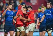 2 April 2022; Damian De Allende of Munster celebrates with team-mate Calvin Nash after scoring his side's first try during the United Rugby Championship match between Munster and Leinster at Thomond Park in Limerick. Photo by Diarmuid Greene/Sportsfile
