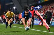 2 April 2022; James Lowe of Leinster dives over to score his side's fourth try during the United Rugby Championship match between Munster and Leinster at Thomond Park in Limerick. Photo by Harry Murphy/Sportsfile