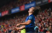 2 April 2022; James Lowe of Leinster celebrates after scoring his side's fourth try during the United Rugby Championship match between Munster and Leinster at Thomond Park in Limerick. Photo by Harry Murphy/Sportsfile
