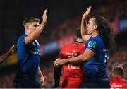 2 April 2022; James Lowe of Leinster celebrates after scoring his side's fourth try with teammate Garry Ringrose during the United Rugby Championship match between Munster and Leinster at Thomond Park in Limerick. Photo by Harry Murphy/Sportsfile