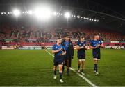 2 April 2022; Leinster players, from left,  Luke McGrath, Michael Ala'alatoa, Josh van der Flier and Ross Molony after their side's victory in the United Rugby Championship match between Munster and Leinster at Thomond Park in Limerick. Photo by Harry Murphy/Sportsfile